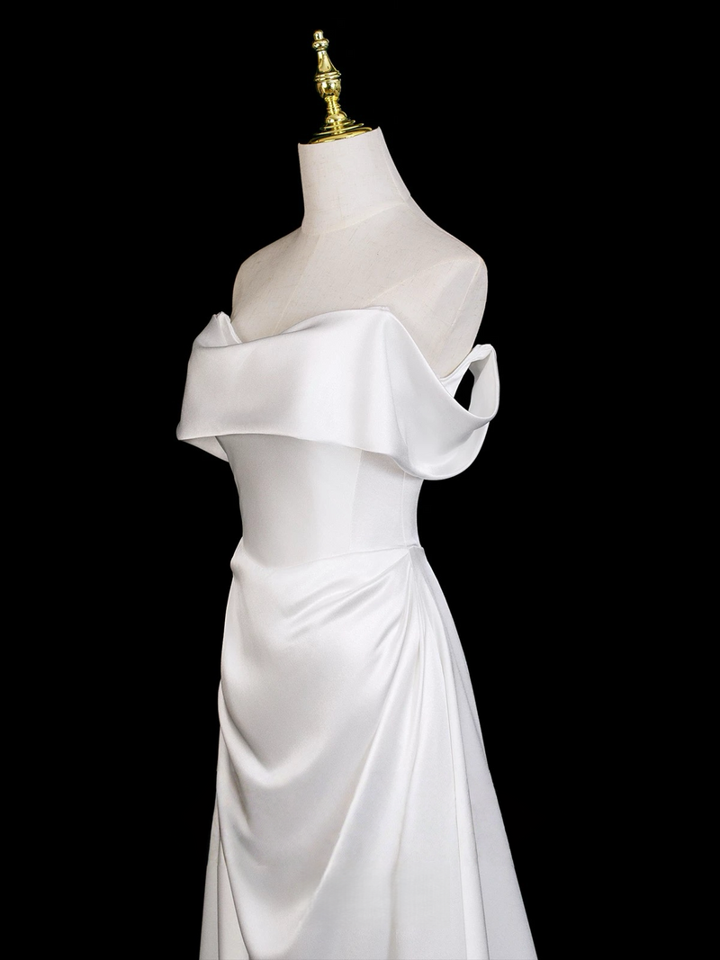 A-Line Off Shoulder Satin White Long Prom Dress, White Long Formal Dress