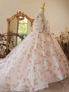 A-Line Off Shoulder Tulle Lace Champagne Long Flower Girl Dress