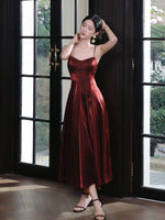 A-Line Sweetheart Neck Tea-Length Burgundy Prom Dress, Burgundy Formal Dress