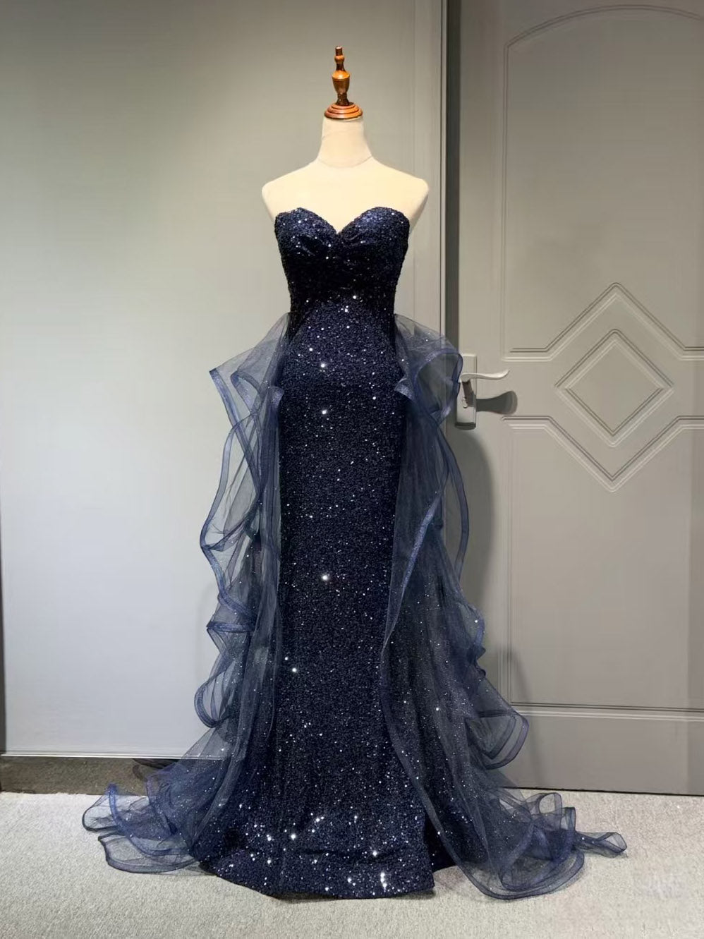 Sweetheart Sequin Dark Blue Long Prom Dress, Dark Blue Long Formal Dress