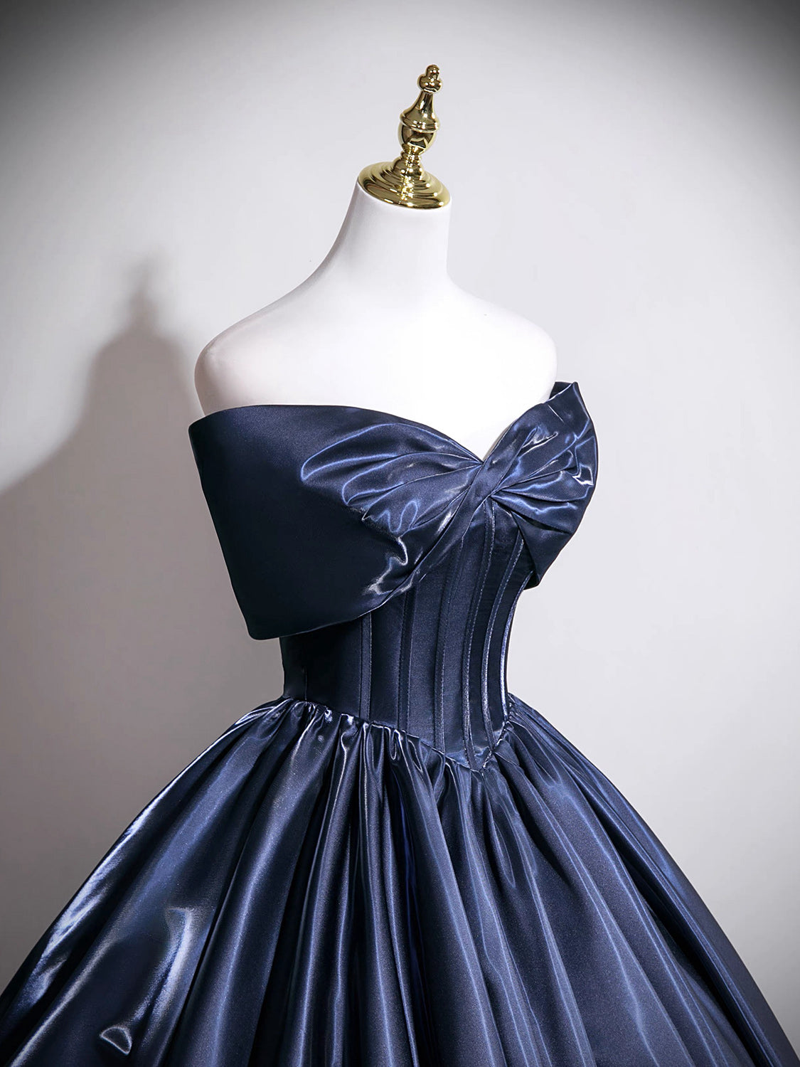 A-line V Neck Satin Floor Length Dark Blue Long Prom Dress