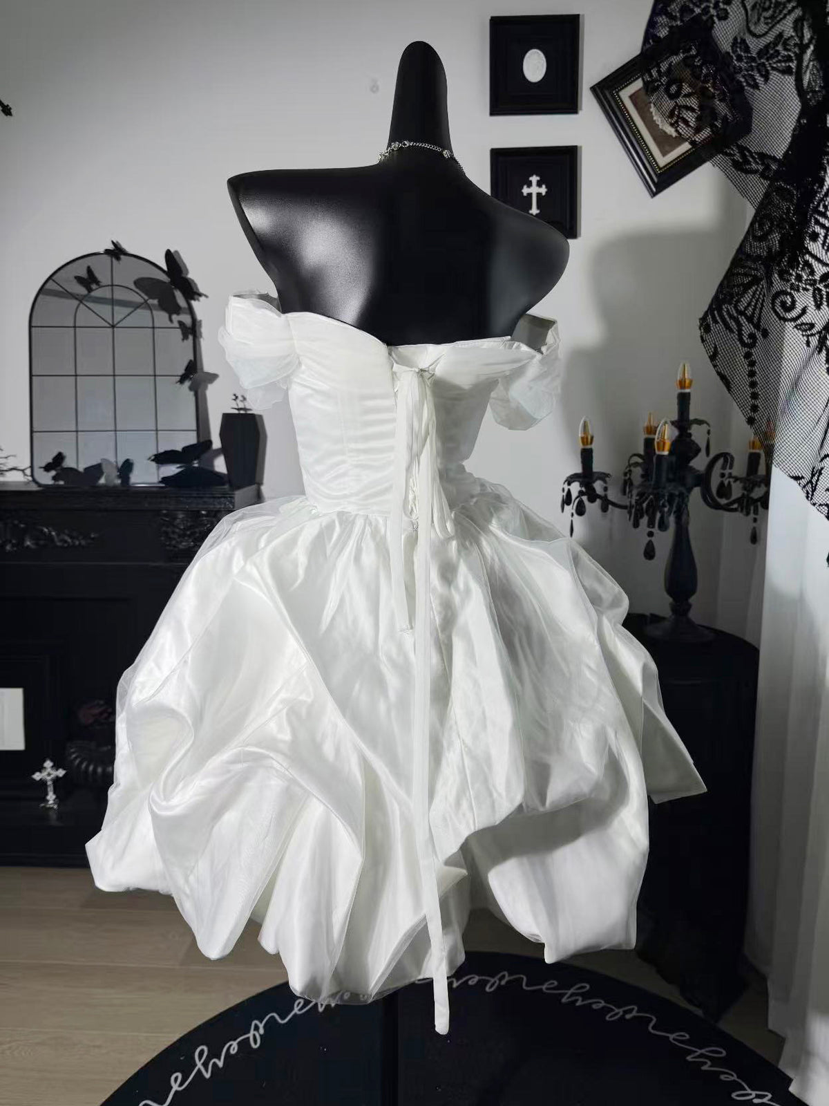 A-line Off Shoulder Tulle Satin White Short Homecoming Dress