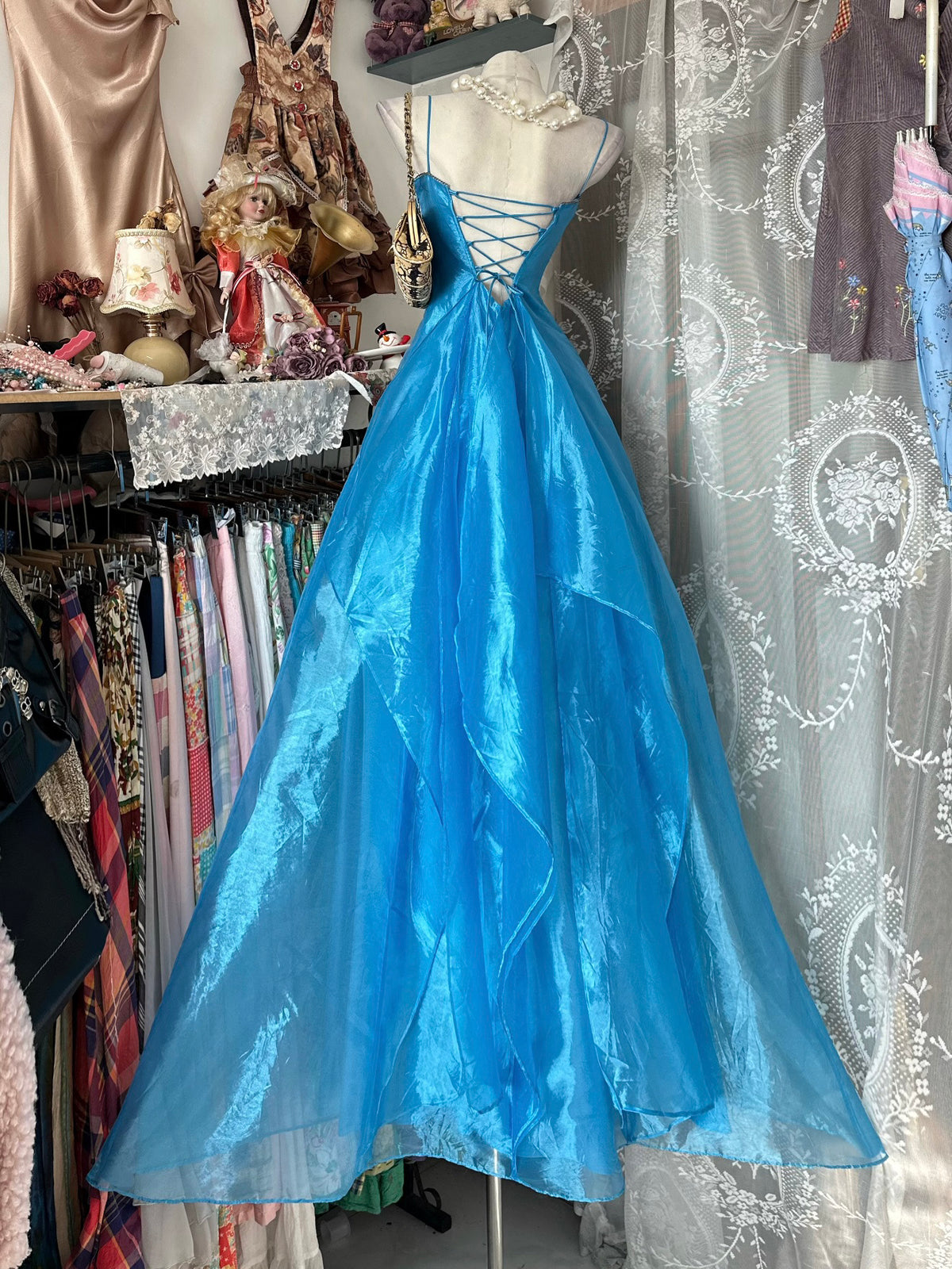 A-Line Straight Neckline Organza Floor Length Blue Prom Dress with Beads