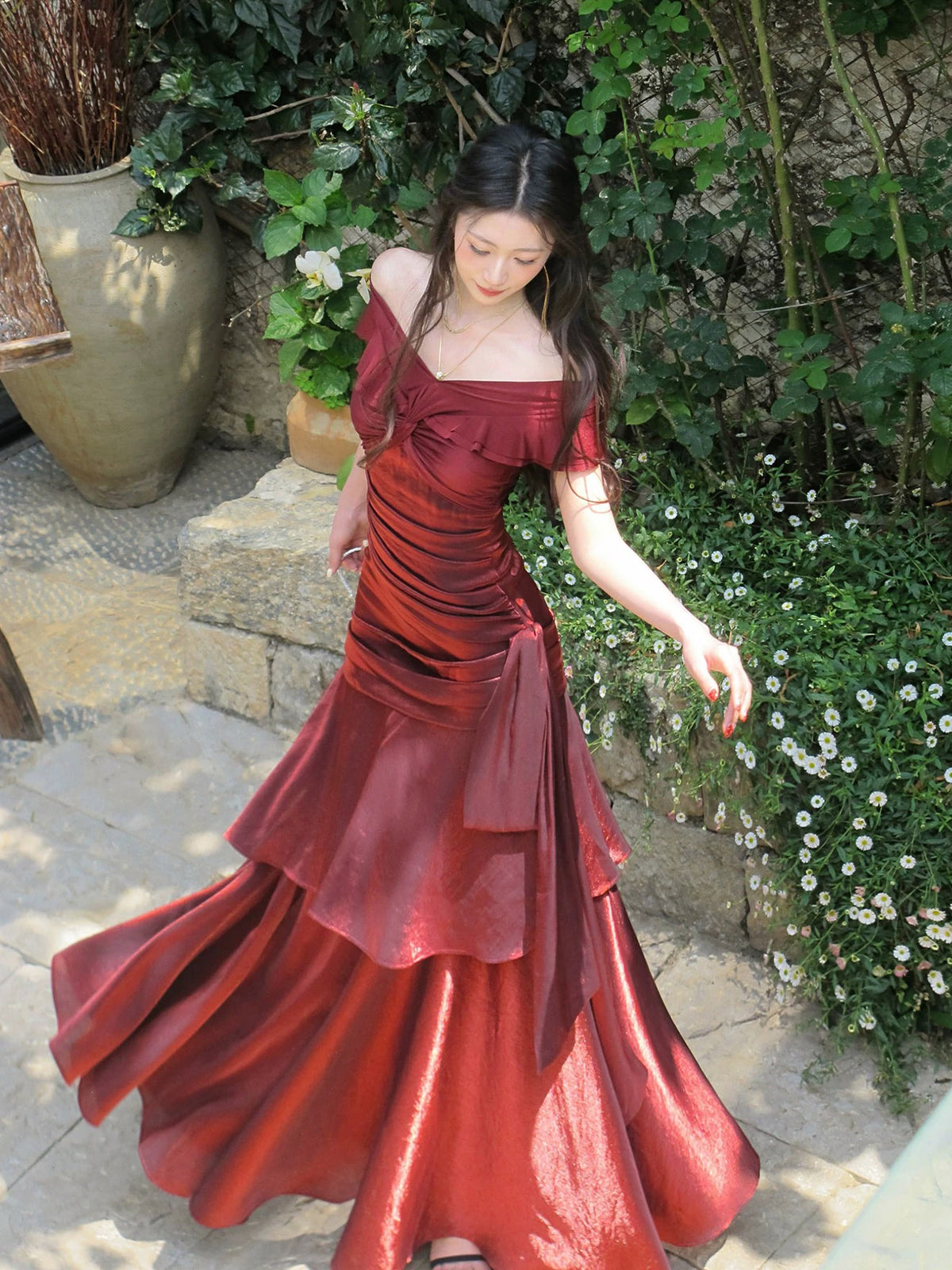 Mermaid Off Shoulder Silk Floor Length Burgundy Prom Dress, Burgundy Party Dress