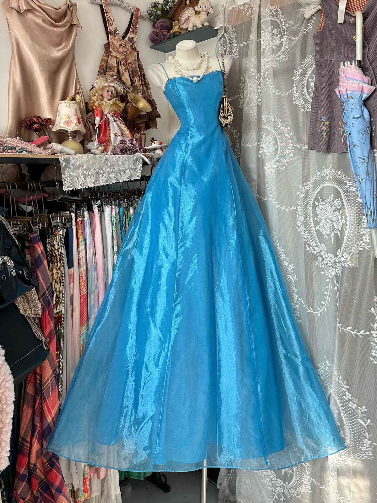 A-Line Straight Neckline Organza Floor Length Blue Prom Dress with Beads