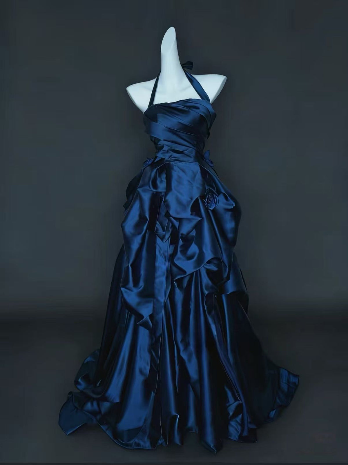 Elegant A-line Satin Dark Blue Long Prom Dress