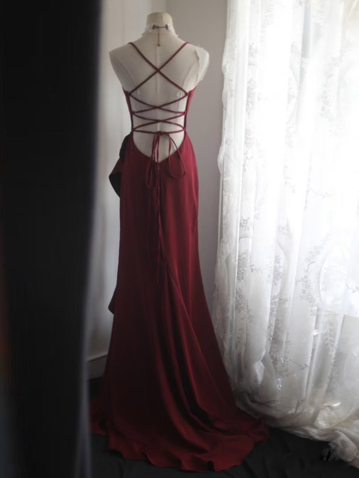 A-line Spoon Neck Ruffles Burgundy Long Prom Dress, Burgundy Party Dress