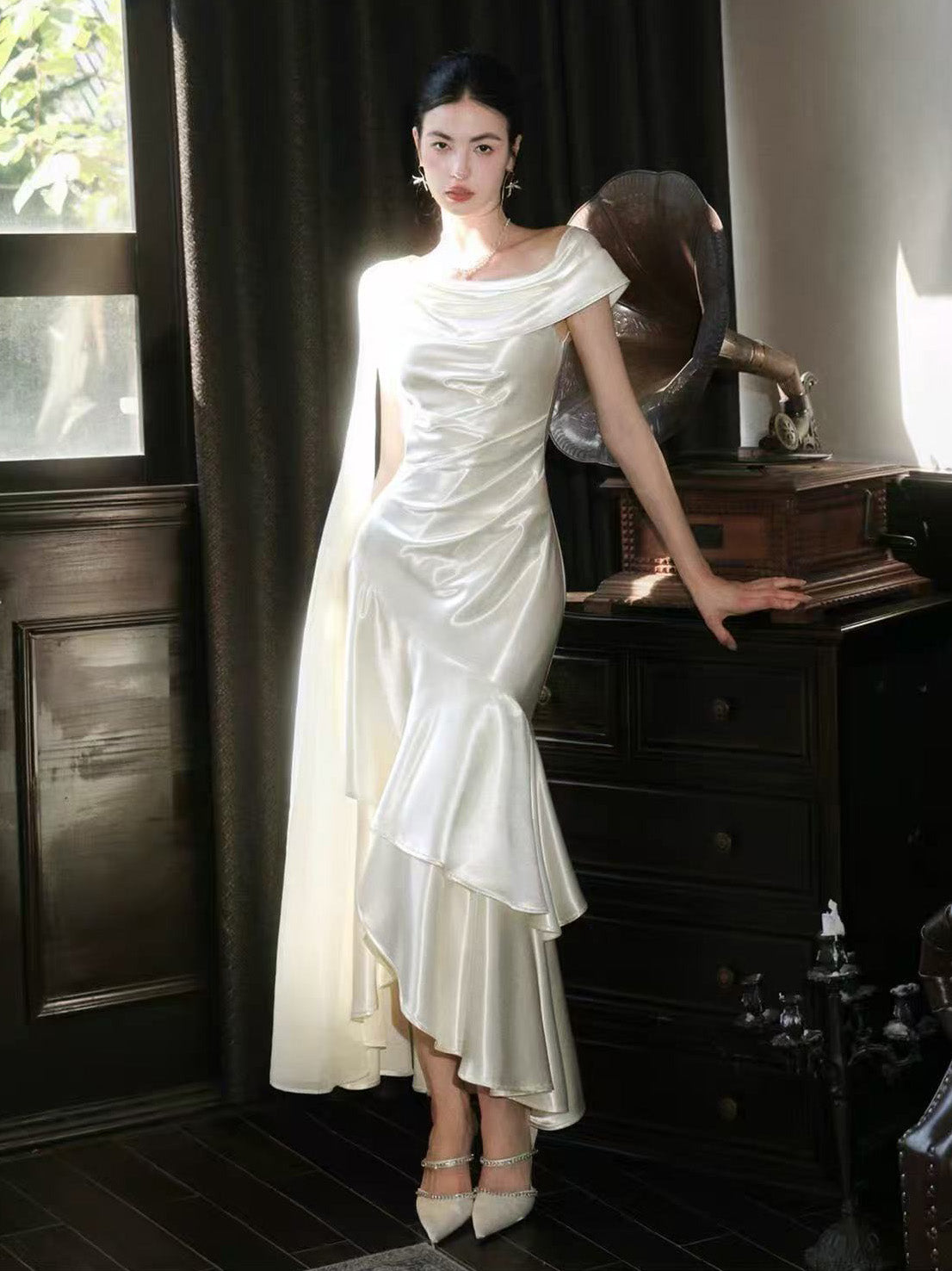 Simple One Shoulder ivory Satin Long Prom Dress with Cascading Ruffles