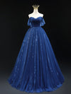 A-Line Off Shoulder Sweetheart Neck Dark Blue Long Prom Dress, Blue Formal Dress