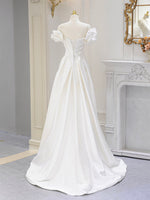 A-Line Off Shoulder Satin ivory Long Prom Dress, Ivory  Long Bridesmaid Dress