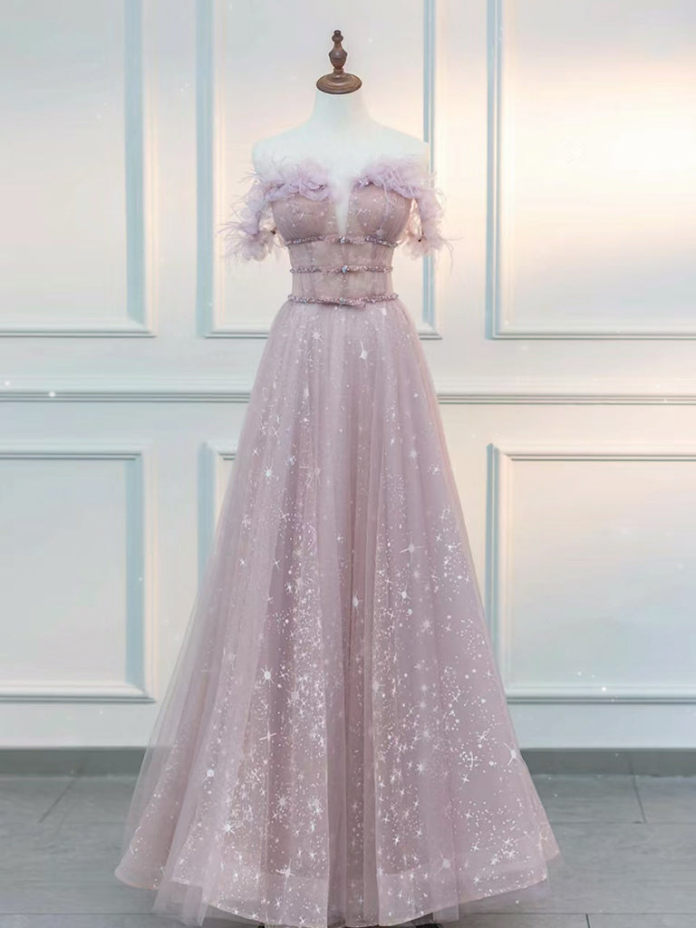 A-Line  Off Shoulder Tulle Pink Long Prom Dress, Pink Graduation Dress with Beads