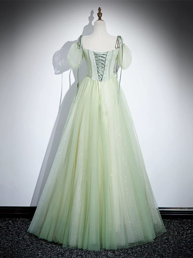 A-Line Tulle Lace Green Long Prom Dress, Green Long Evening Dress