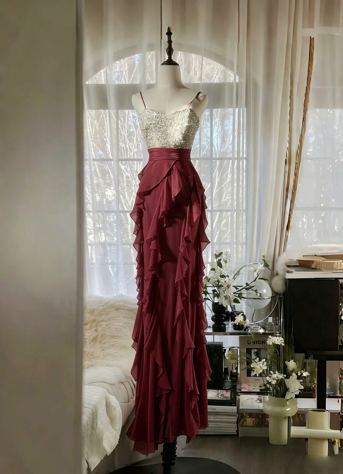 A-line Sweetheart Chiffon Ruffles Long Green Prom Dress with Sequin Beads