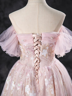 A-Line Off Shoulder Tulle Lace Pink Long Prom Dress, Lace Formal Dress