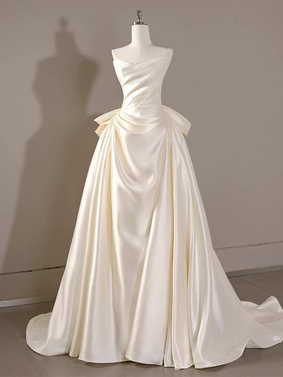 A-Line V Neck Satin Sweep Train Light Champagne Prom Dress