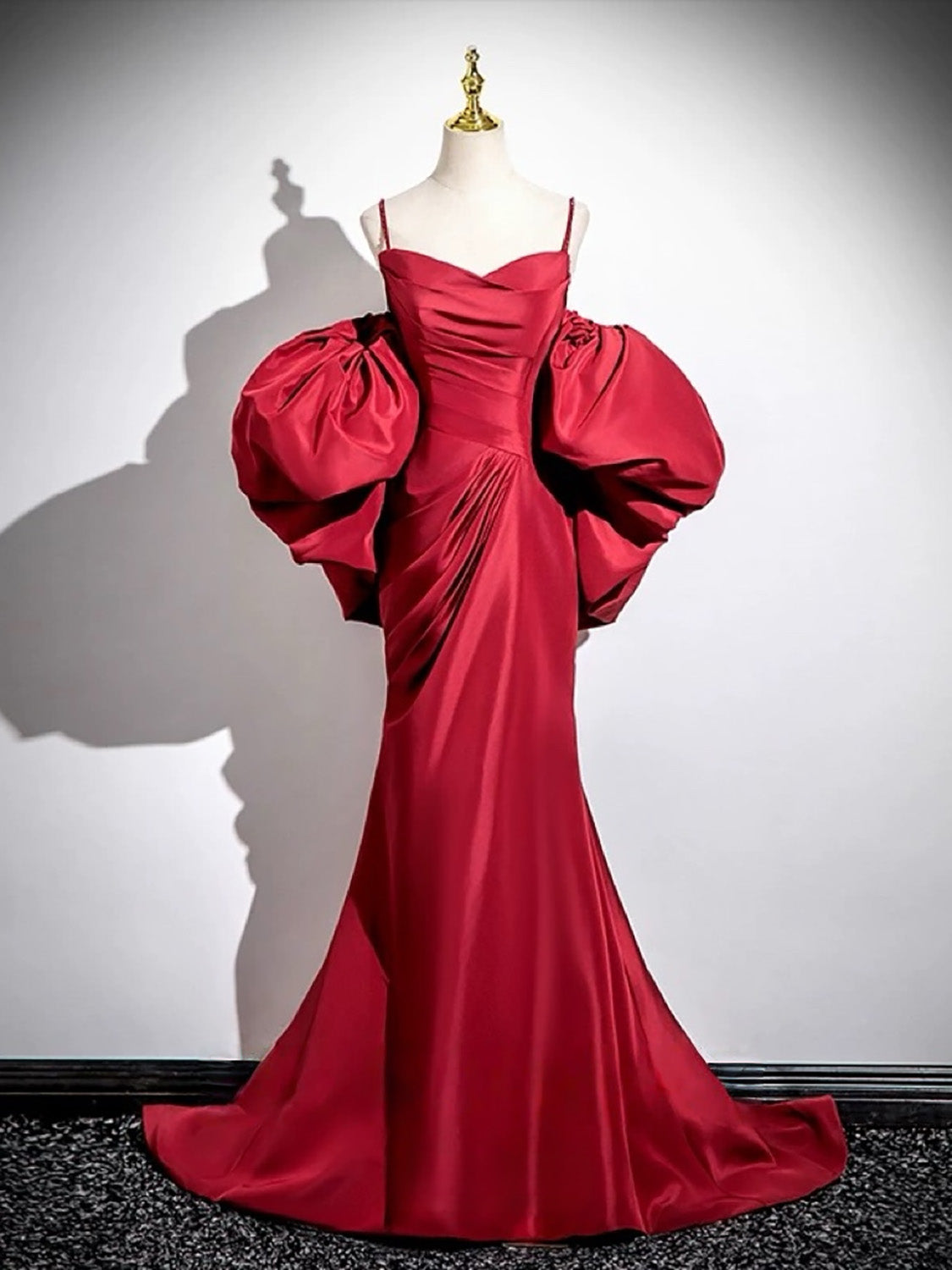 A-line V Neck Satin Puff Sleeves Sweep Train Red Prom Dress