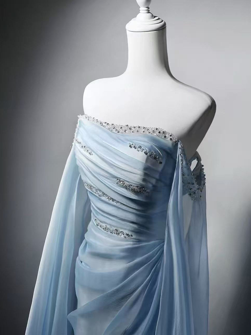 A-line Sweep Train Organza Blue Long Prom Dress with Beads