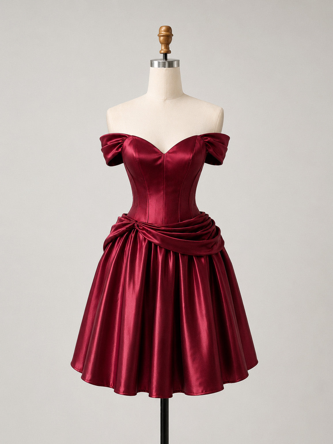 A-line Sweetheart Neck Off Shoulder Satin Burgundy Prom Dress