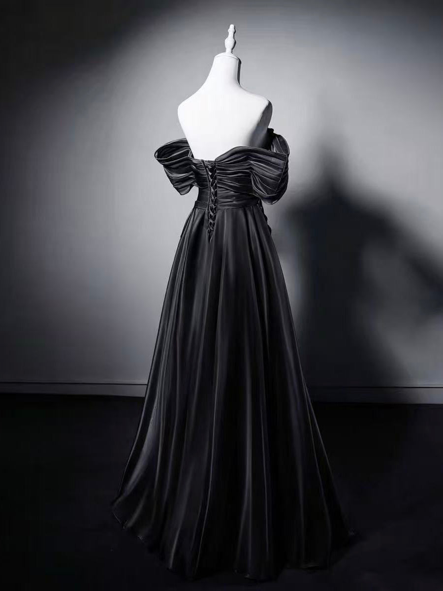 A-line Off Shoulder Black Long Prom Dress with Beads