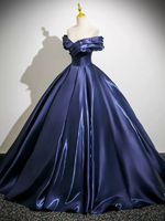 A-Line Off Shoulder Satin Dark Blue Long prom Dress, Dark Blue Long Formal Dress