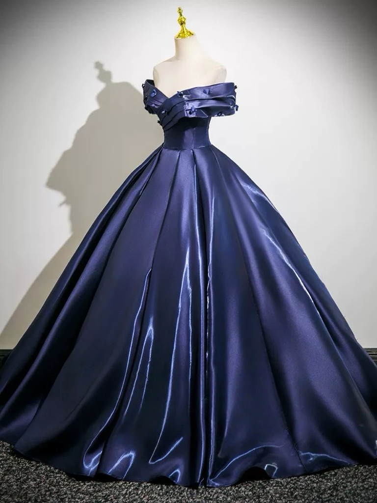 A-Line Off Shoulder Satin Dark Blue Long prom Dress, Dark Blue Long Fo