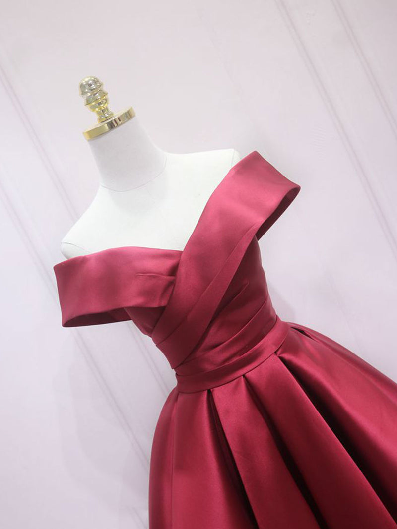 A-Line Off Shoulder Satin Burgundy Short Prom Dress, Burgundy Homecoming Dress US 8 / Burgundy A-Line Off Shoulder Satin Burgundy Short Prom Dress, Burgundy Homecoming Dress US 8 / Burgundy