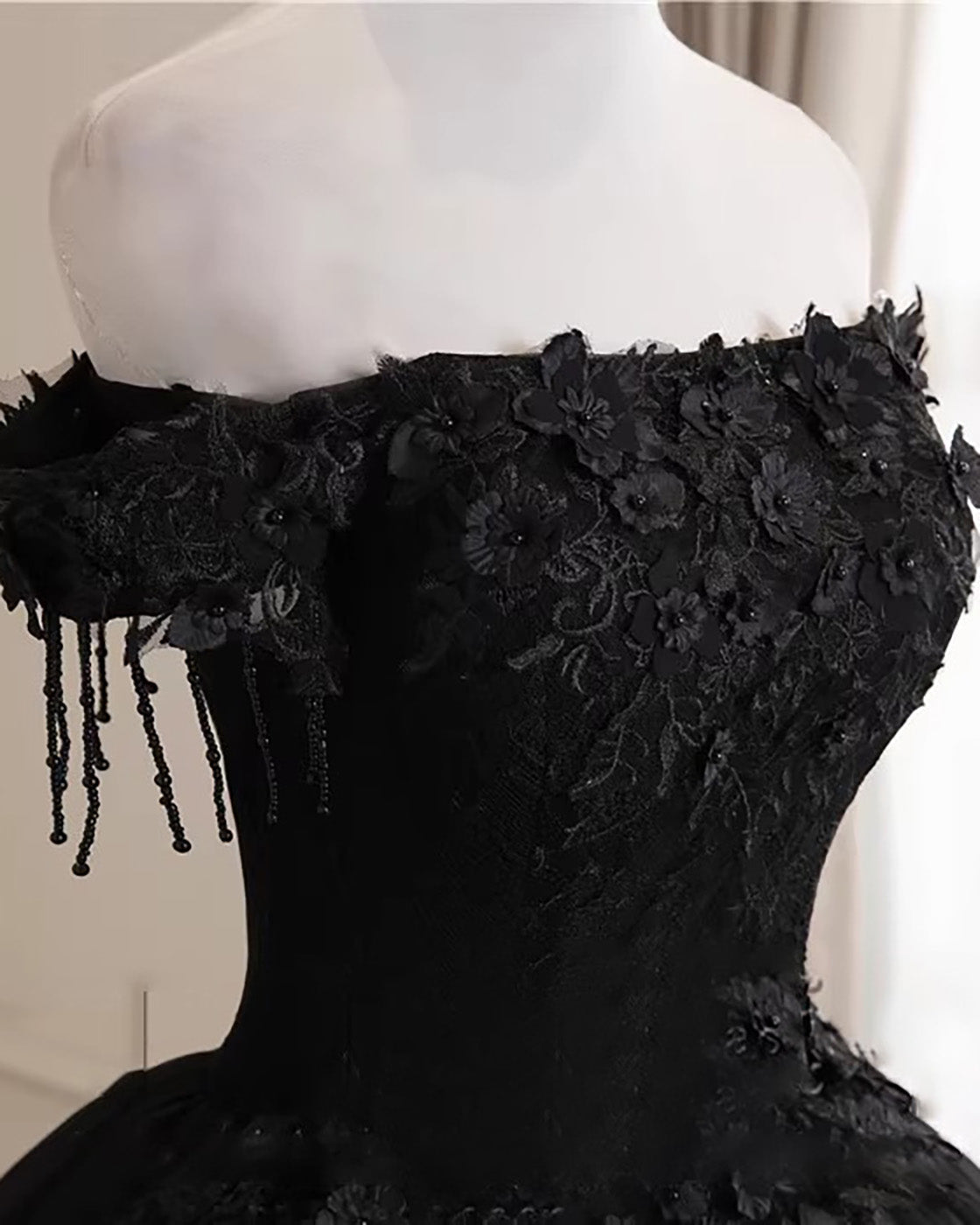 Black Tulle Off Shoulder Lace Long Prom Dress, Black Evening Dress