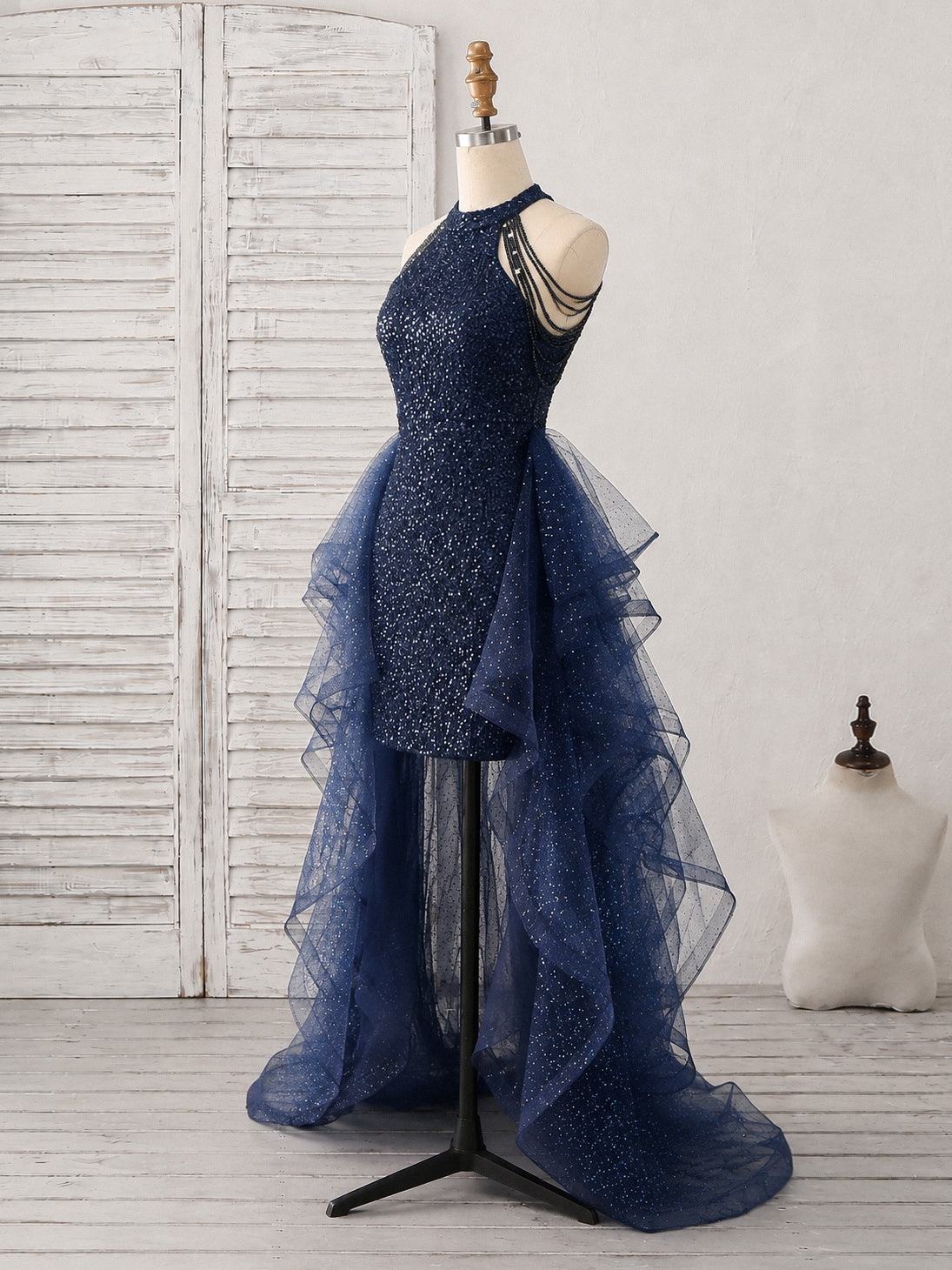 A-line Sequin High Low Tulle Dark Blue Prom Dress with Beads – shopluu