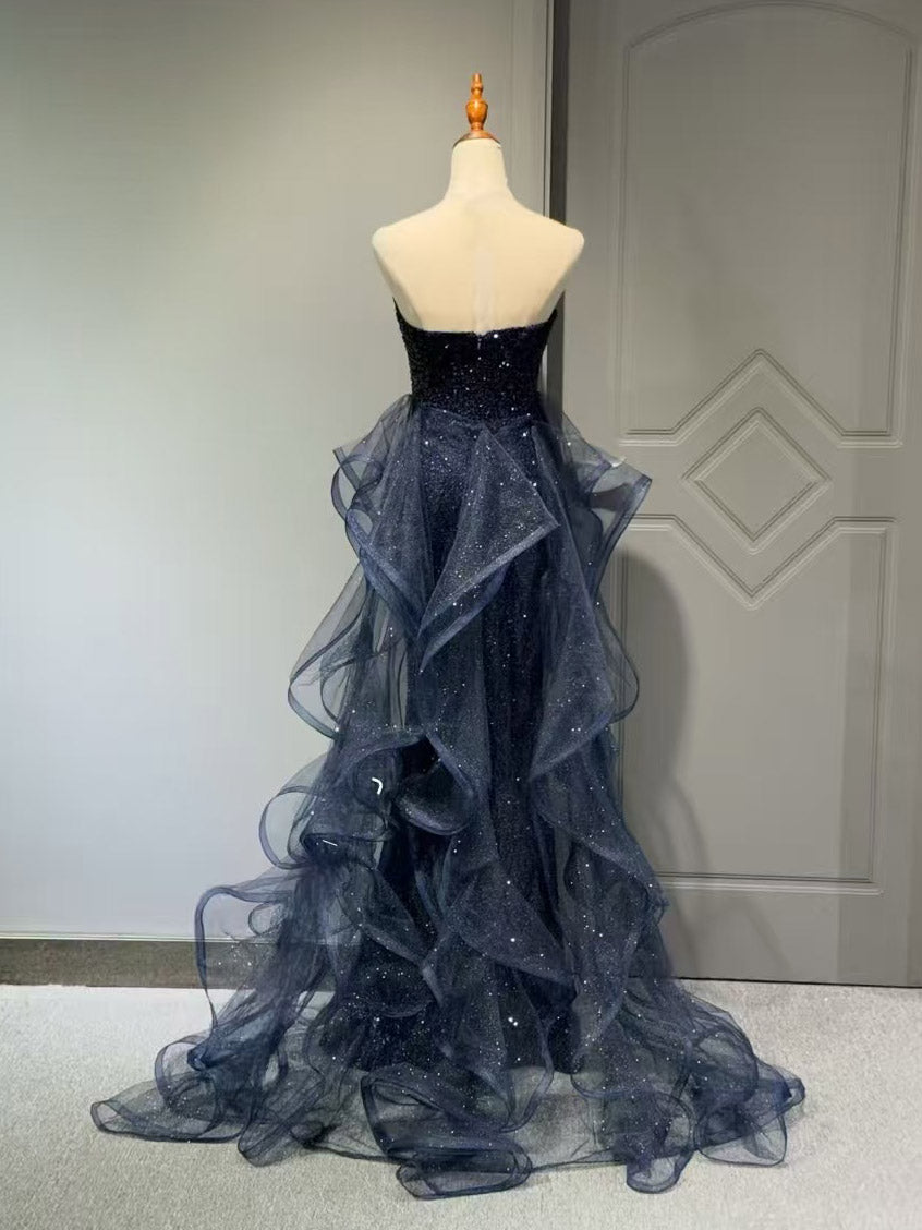 Sweetheart Sequin Dark Blue Long Prom Dress, Dark Blue Long Formal Dress
