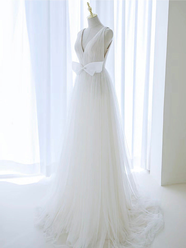 A-Line V Neck White Tulle Long Wedding Dress with Bow