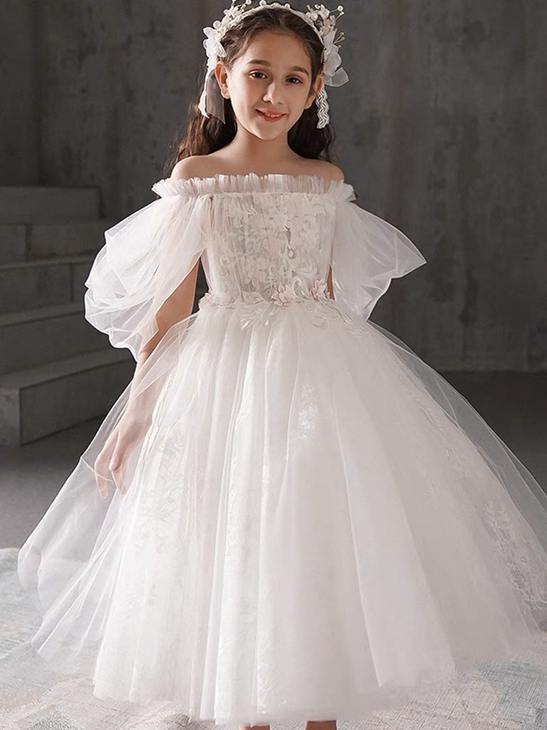 Puff Sleeves Tulle Tea Length White Flower Girl Dress