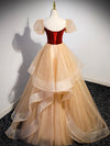 A-Line Tulle Velvet Champagne Long Prom Dress, Champagne Long Formal Dress