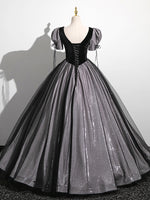 A-Line Puff Sleeves Black Long Prom Dress, Black Sweet 16 Dress
