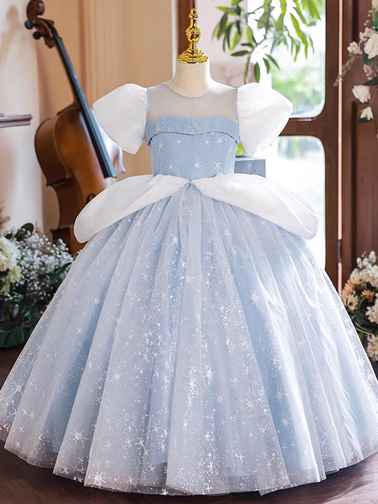A-Line Puff Sleeves Tulle Lace Blue Long Flower Girl Dress