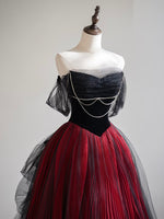 A-Line Off Shoulder Tulle Black/Burgundy Long Prom Dress