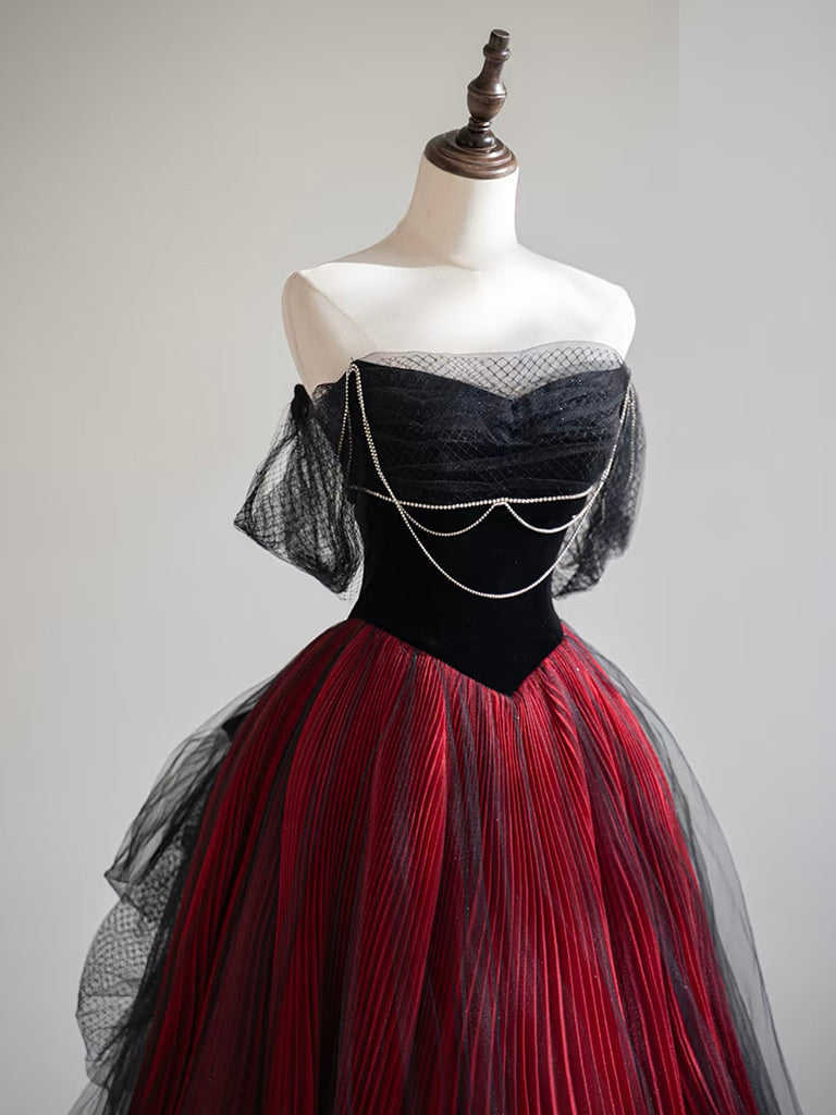 black and red dress formal A-Line Off Shoulder Tulle Black/Burgundy Long Prom Dress US 12 / Black/Burgundy