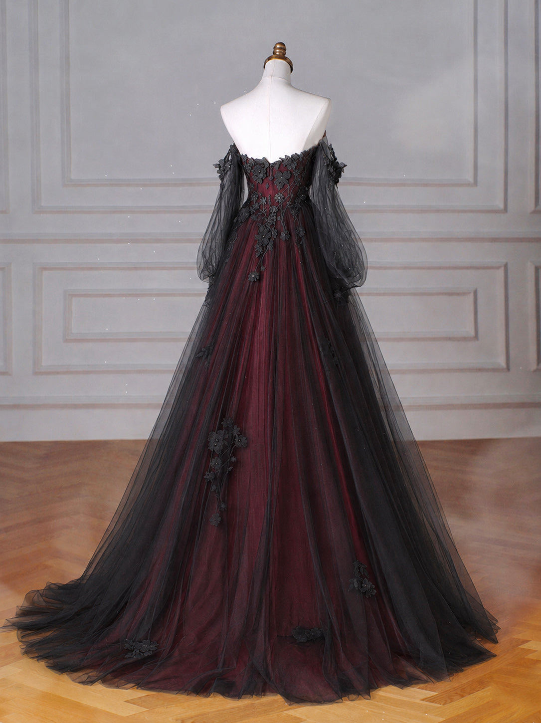 A-Line Sweetheart Tulle Lace Long Sleeves Black/Burgundy Prom Dress US 18W / Black/Burgundy