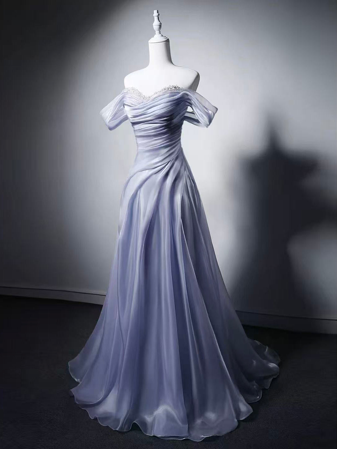 A-line Sweetheart Neck Off Shoulder Light Purple Long Prom Dress with Beads