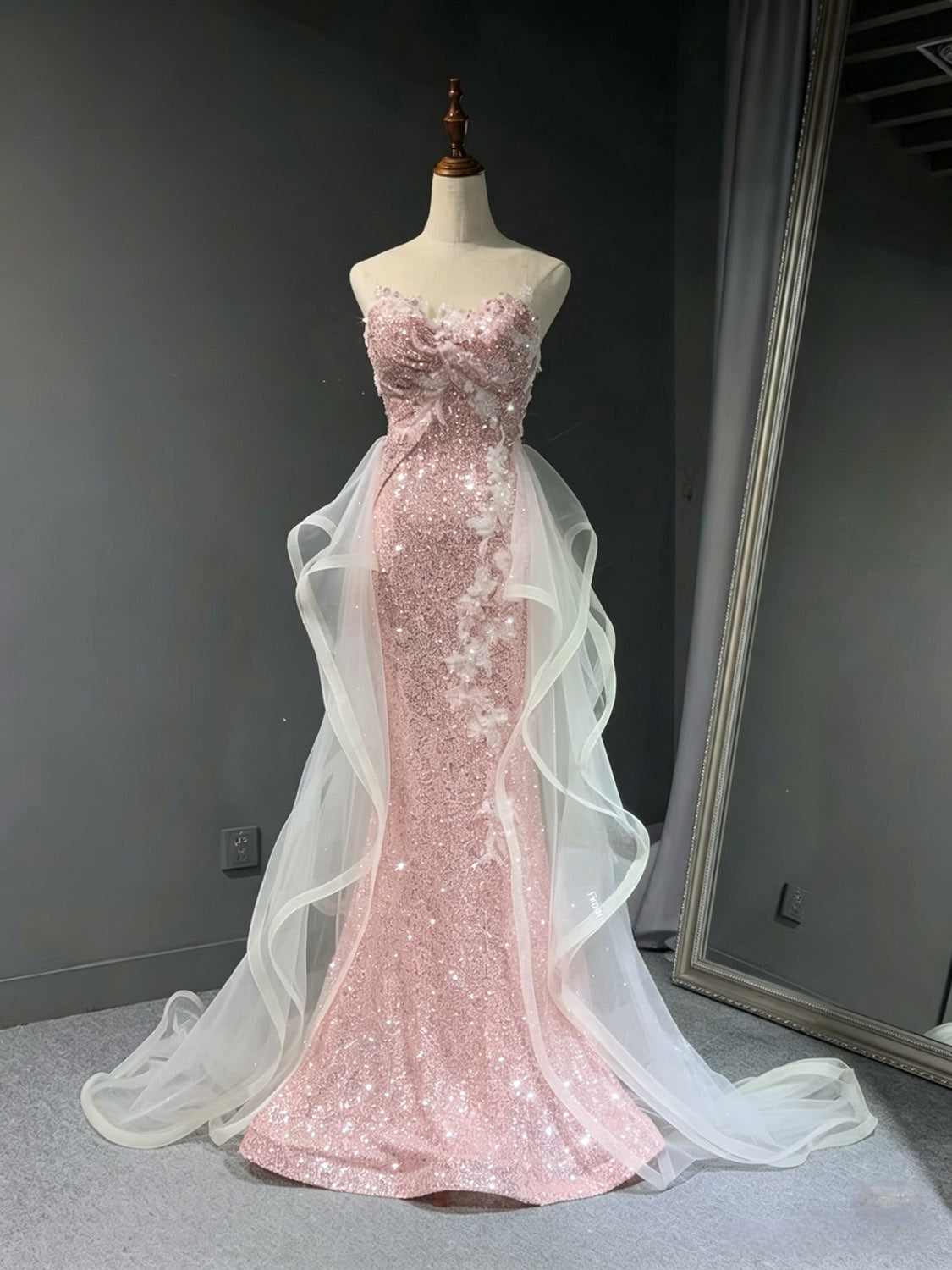 Mermaid Sweetheart Sequin Tulle Pink Long Prom Dress with Lace