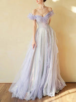 Purple Off Shoulder Tulle Sequin Long Prom Dress, Purple Formal Dress