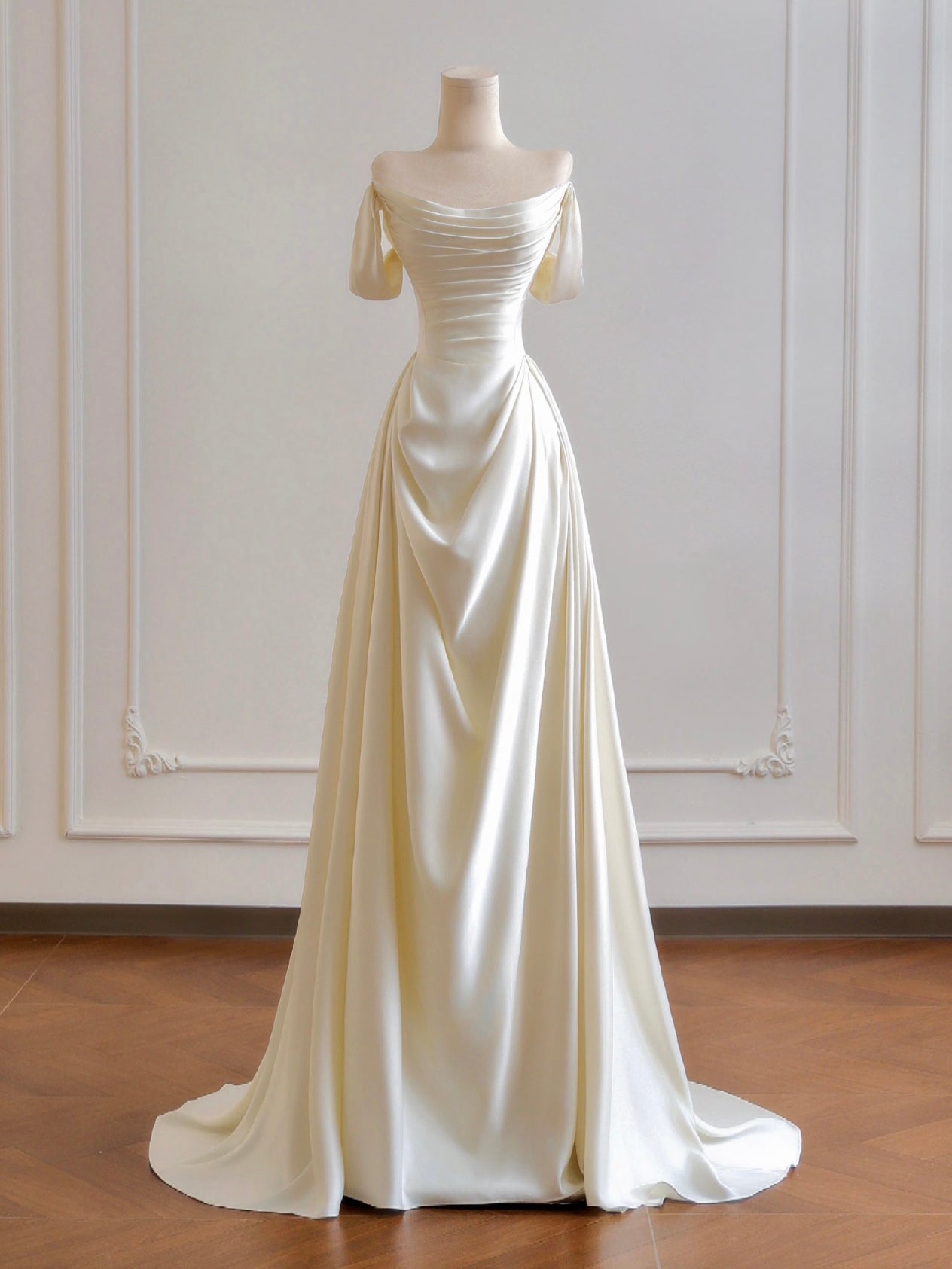 A-Line Off Shoulder Satin Light Champagne Long Prom Dress, Light Champ – shopluu