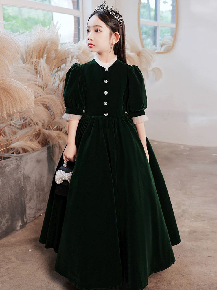 Simple High Neck Velvet Green Long Flower Girl Dress