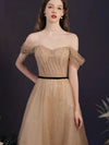 A-Line Sweetheart Neck Champagne Tulle Long Prom Dress. Champagne Formal Dress