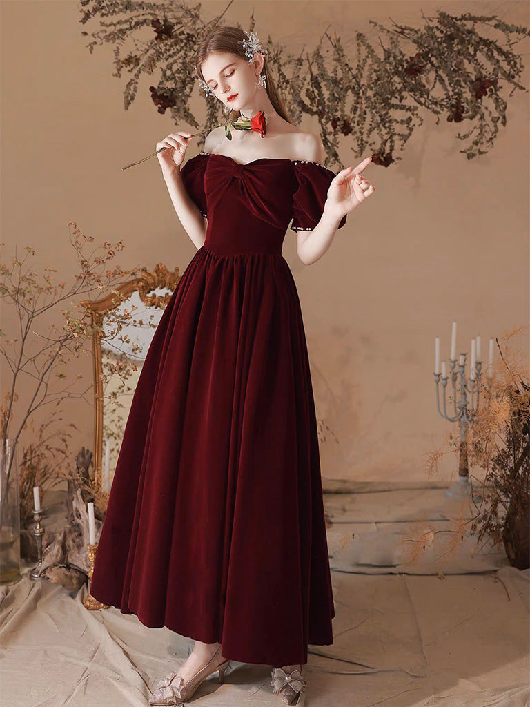 Knee Length Burgundy Party Dresses A-Line Velvet Tea Length