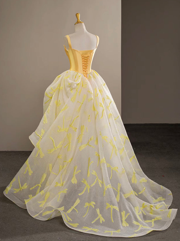 A-Line Satin Tulle Yellow Long Prom Dress, Yellow Graduation Dress