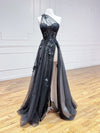 A-Line One Shoulder Tulle Black Long Prom Dress, Black Formal Evening Dress