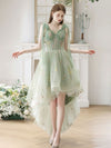 A-Line High Low Green Lace Short Prom Dress, Green Lace Homecoming Dress