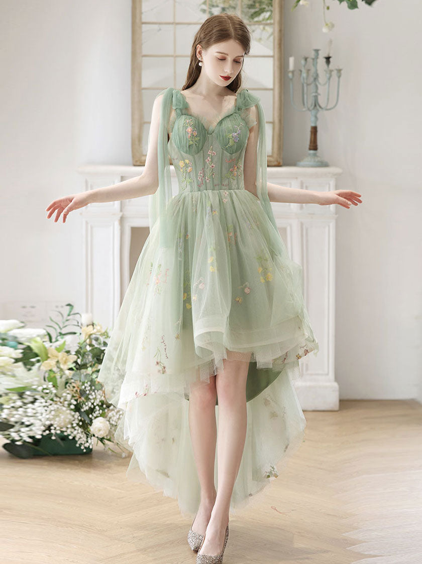 A-Line High Low Green Lace Short Prom Dress, Green Lace Homecoming Dress US 16 / Gray Blue