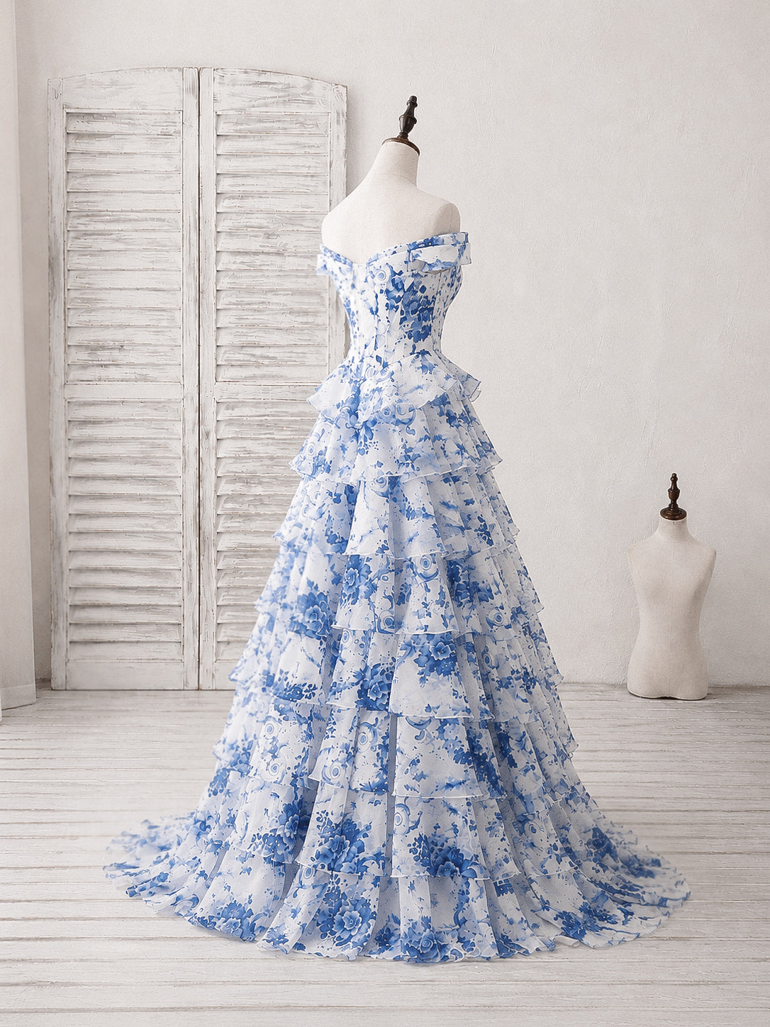 A-line Sweetheart Off Shoulder Printed Chiffon Blue Long Prom Dress