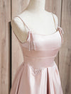 A-Line Beads Satin Pink Long Prom Dress, Pink Long Formal Dress